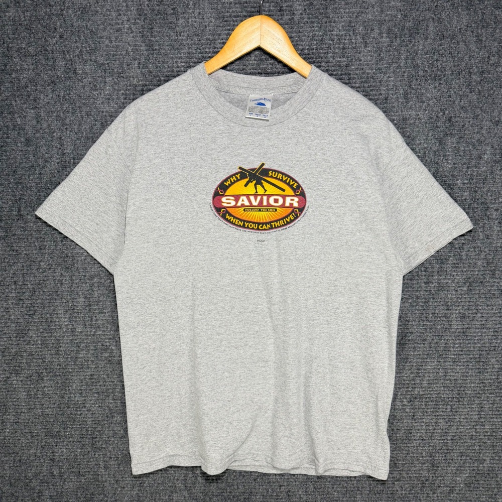 Vintage 00s Savior Survivor Parody Graphic Jesus T-Shirt Mens Large Gray